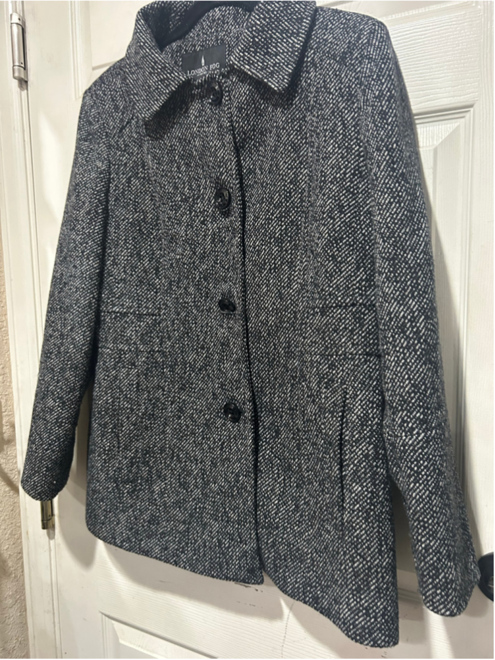 Women's London Fog Pea Coat Size M Black White Tweed - Picture 2 of 8